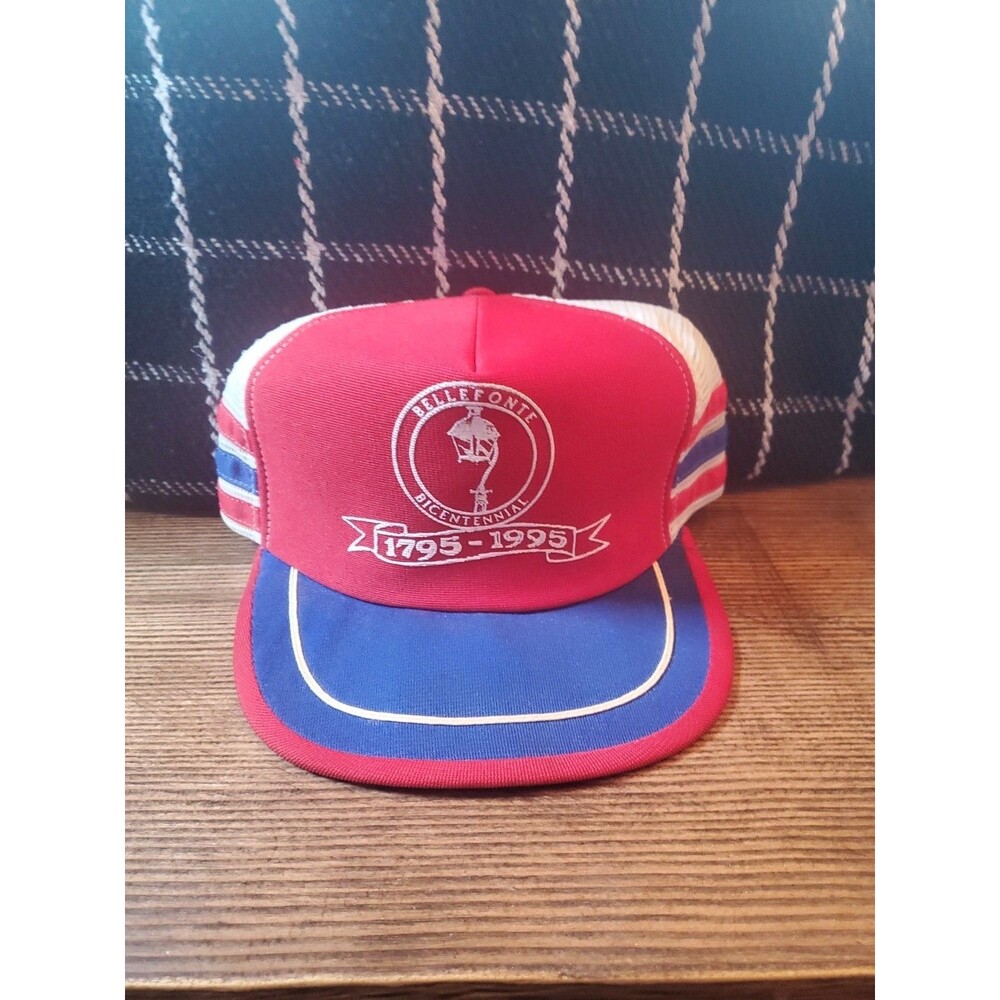 Vtg 3 Stripe Red White Blue Mesh Snapback Trucker Hat Made USA Bellefonte Bicen. - Picture 1 of 10